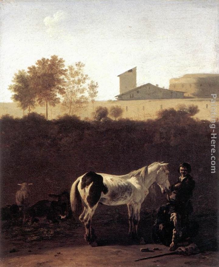 Karel Dujardin Italian Landscape with Herdsman and a Piebald Horse